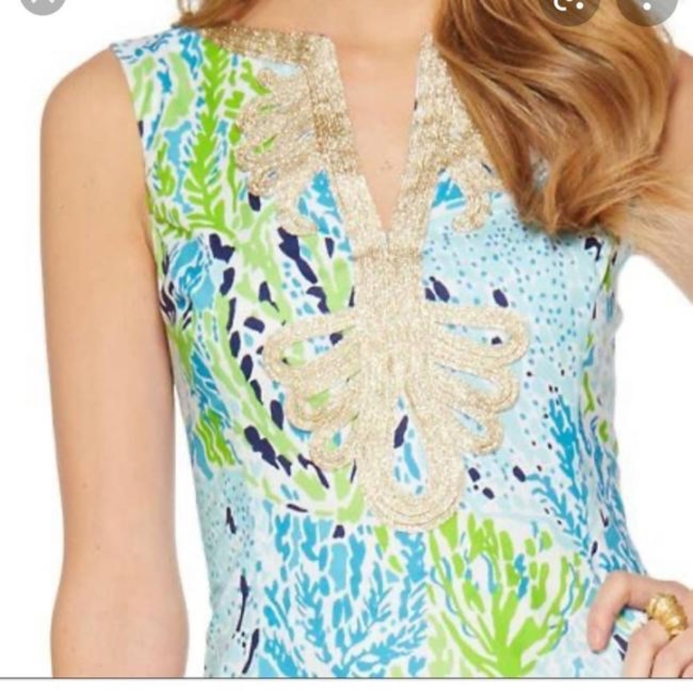 LILLY PULITZER BLUE JANICE LET'S CHA CHA SHIFT DRESS WITH GOLD NECKLINE - SIZE 6